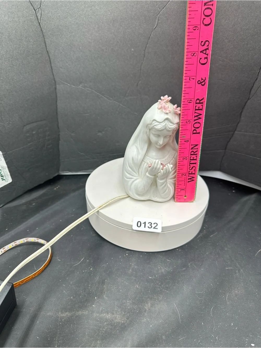 White Ceramic Virgin Mary Figurine with Pink Flower Accents